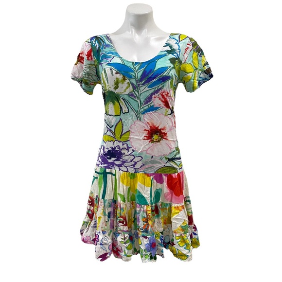 Jams World Rayon Hattie Dress Floral Multicolored Drop Ruffle Hem Sz SMALL - Picture 1 of 10